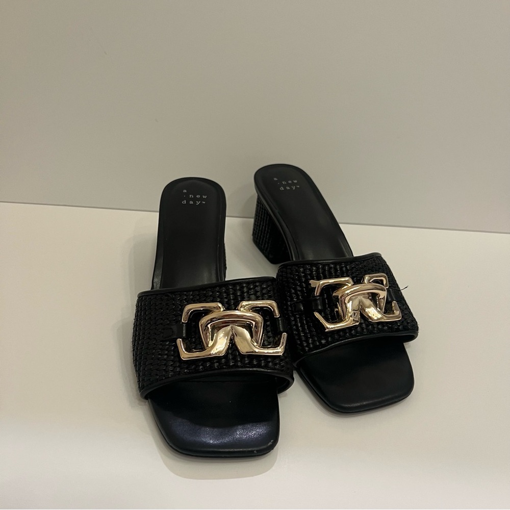 A New Day Black Woven Slide Mules with Gold Buckle